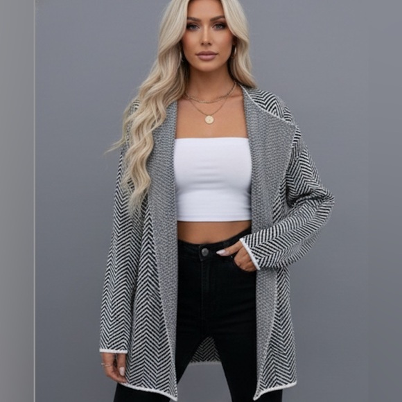 Chevron Pattern Drop Shoulder Open Front Cardigan - Picture 3 of 9